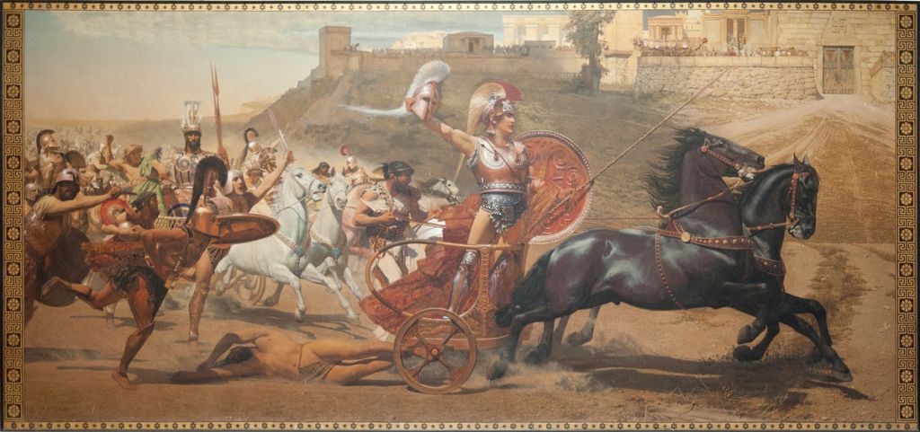 Triumphant Achilles: Achilles dragging the dead body of Hector in front of the gates of Troy. The original painting is a fresco on the upper level of the main hall of the Achilleion at Corfu, Greece. Franz von Matsch (1861–1942)  Wikimedia 